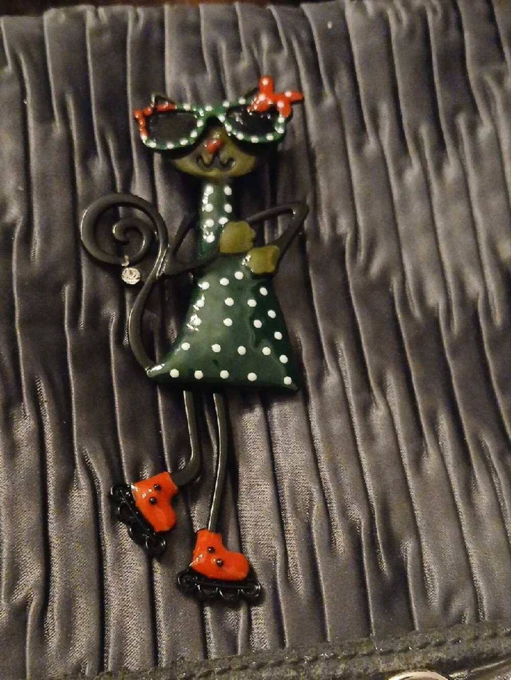 Whimsical Green Polka Dot Cat Brooch with Orange Shoes